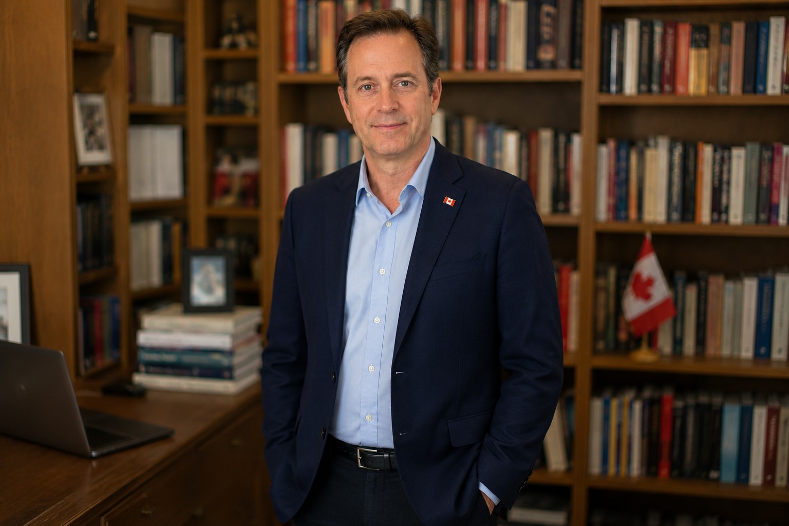 Pierre Howard, host of Canada Tomorrow, in his study with a Canadian flag
